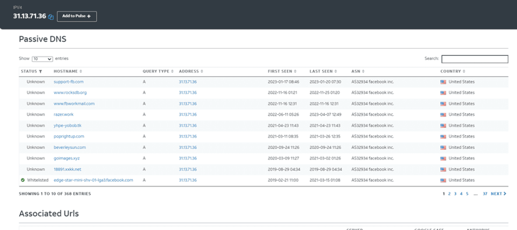 Figure 10. Passive DNS example for an IP address with AlienVault OTX