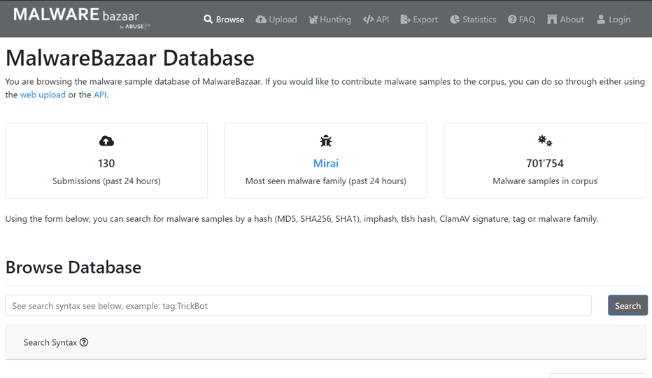 Figure 13. MalwareBazaar homepage