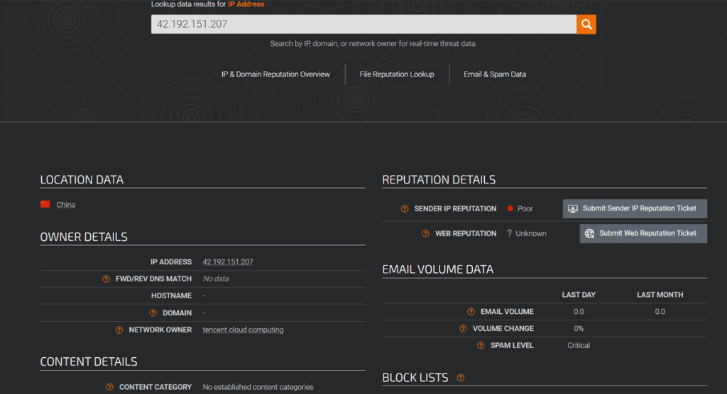 Figure 17. Example IP query using Cisco Talos Intelligence