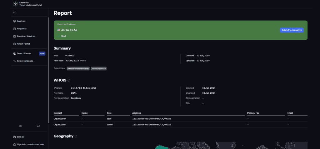 Figure 27. Example IP report from Kaspersky TIP