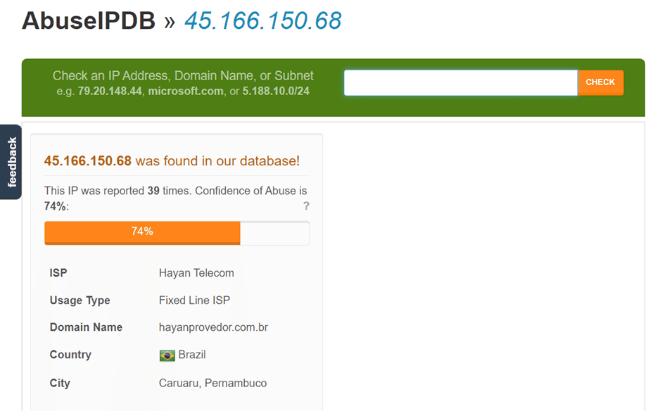 Figure 5. IP address analysis on AbuseIPDB