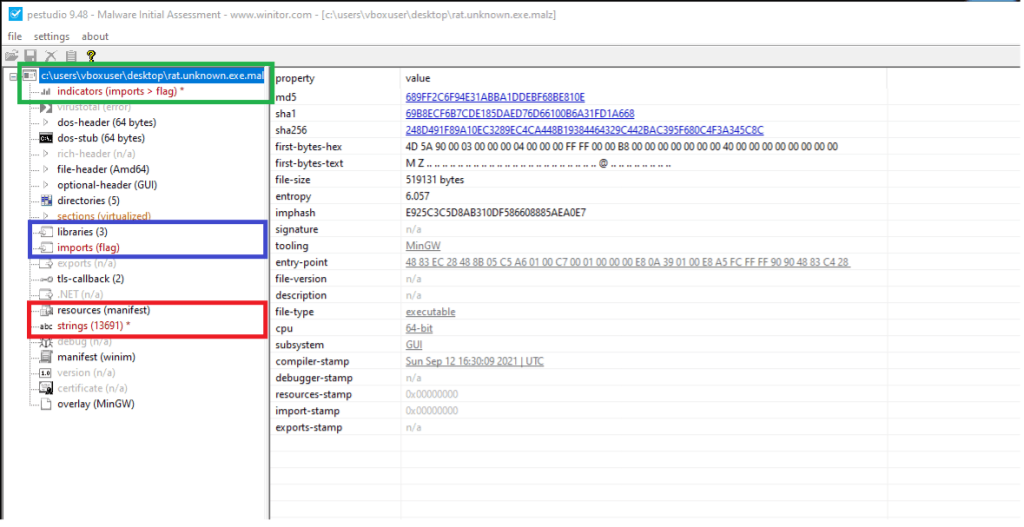 In the green section, we find general data about the sample under analysis and any IoCs. In the blue box, we find all the information regarding the imports executed by the sample; finally, the red box contains an analysis of the resources and strings within the file.