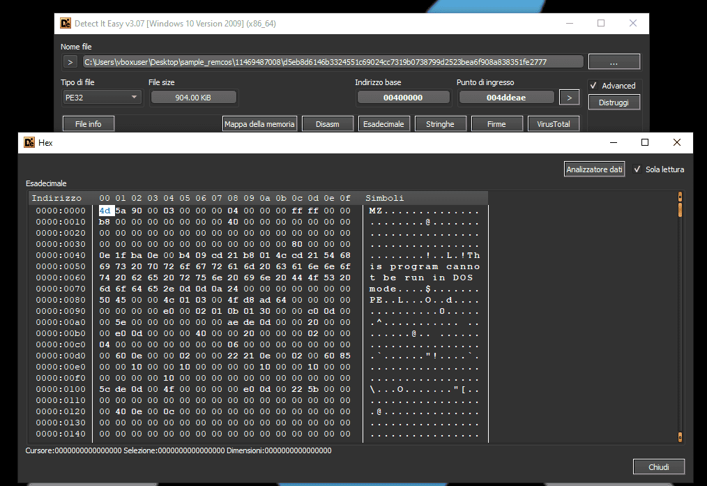 Hex view of the sample