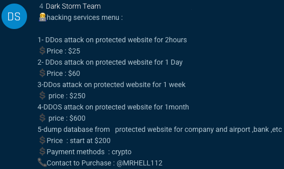 Example of DDoS-for-Hire offered by the threat actor Dark Storm Team