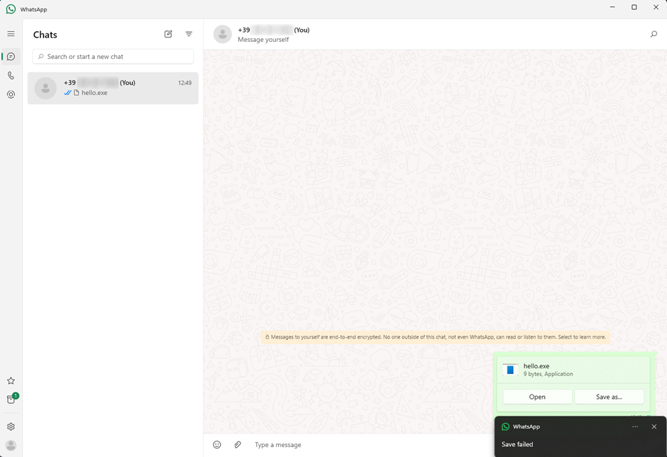 Figure 1. Error when opening a “.exe” file from WhatsApp Desktop